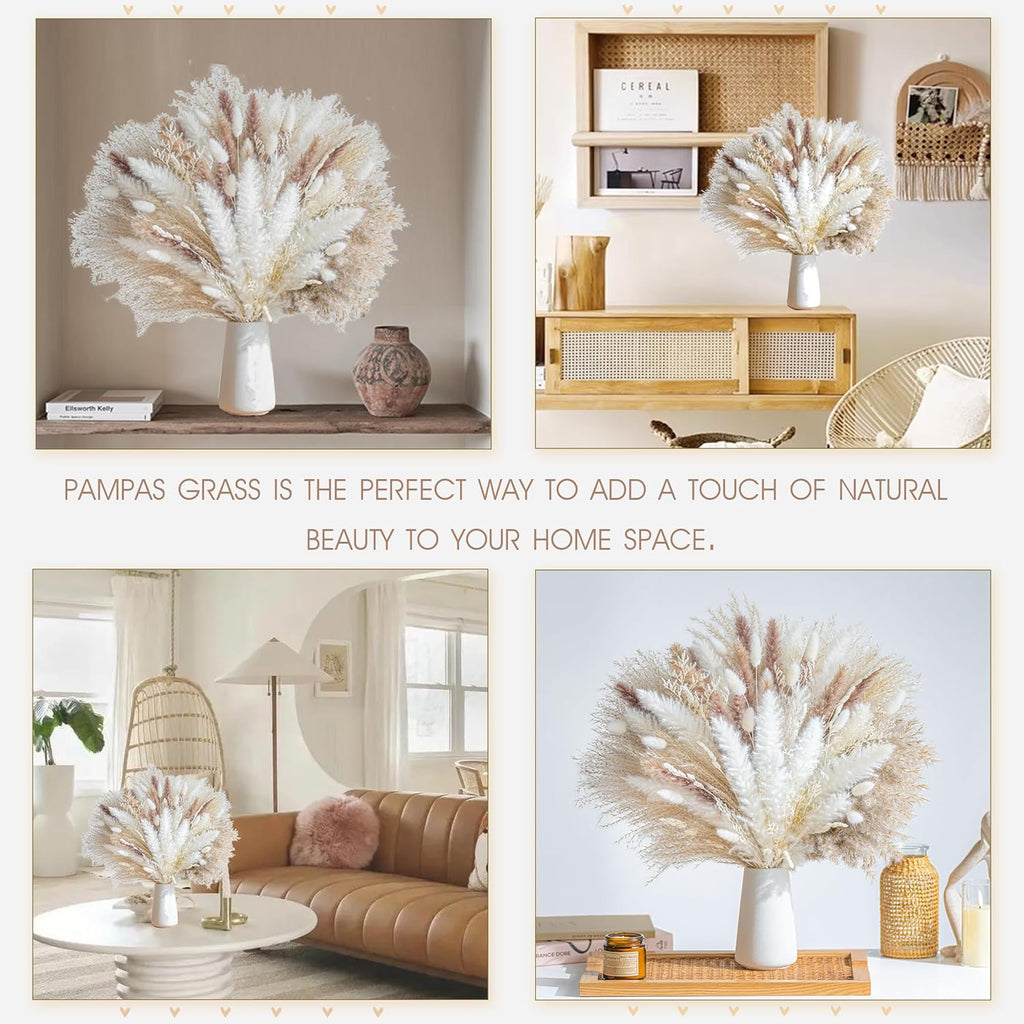 96PCS Natural Dried Pampas Grass Boho Home Decor Bouquet Phragmites Dried Flowers Bouquet for Wedding Floral Arrangements Living Room Decorations (96PCS)