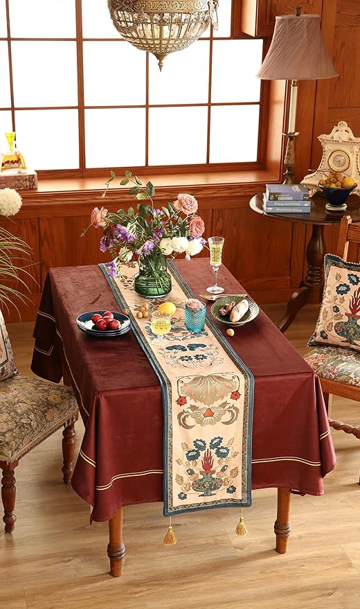 patdrea Designer Casual Wild Floral Velvet Table Runner 71 Inch Long, Brown Occult Bouquets Pattern Table Mat, Decoration for Kitchen Dining Coffee Table Cabinet Banquet Thanksgiving,12"*71"