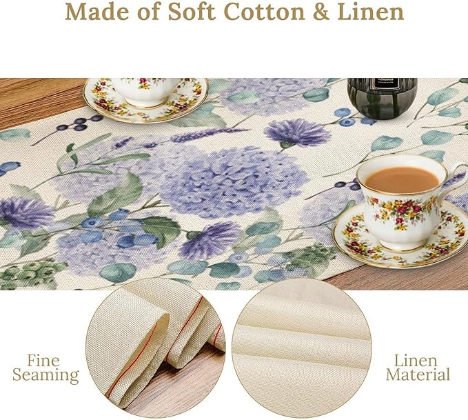 Spring Hydrangea Flower Table Runner, Seasonal Summer Plants Watercolor Eucalyptus Leaves Purple Florals Dinner Runner for Home Kitchen Dining Table Party Holiday Decoration 13"x120"