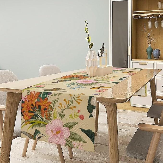 Brown Bird Floral Table Runner Spring Flower Kitchen Table Decoration Suitable for Family Dinner Decoration 13x70 Inch