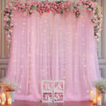 10×10ft Pink Tulle Backdrop Curtain with Lights String for Parties, Sheer Photo Curtain Backdrop Drapes for Wedding Party Photography Backgrounds