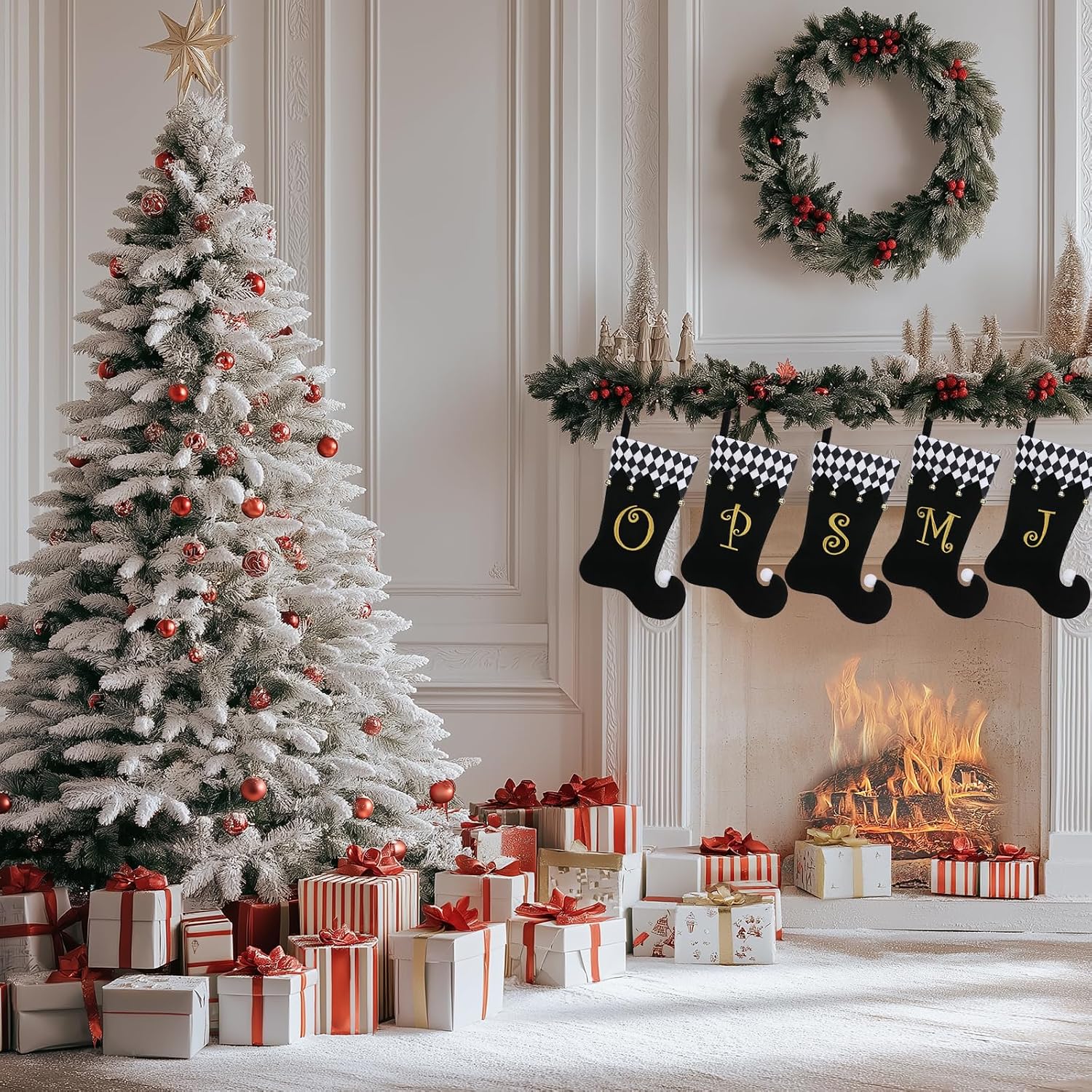 Personalized Elf Christmas Stocking,Black Velvet w/Gold Initial | 19"Black Velvet Christmas stocking,Checkered Cuff & golden jingle Bells,Holiday decor for Fireplace mantel/gifting-Letter J