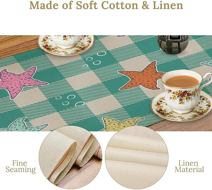 Starfish Plaid Table Flag Green Plaid and Marine Life Starfish Kitchen Table Flag Suitable for Birthday Party Restaurant Decoration Outdoor Picnic 13 * 70 Inch