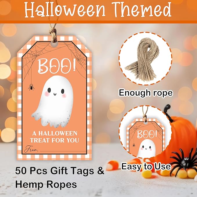 50 Pcs Halloween Tags with String, 2.1"×3.5" Boo Paper Gifts Tags, Ghost Trick or Treat for Candy, Halloween Gifts Tag Wrap for Party Favor - B08