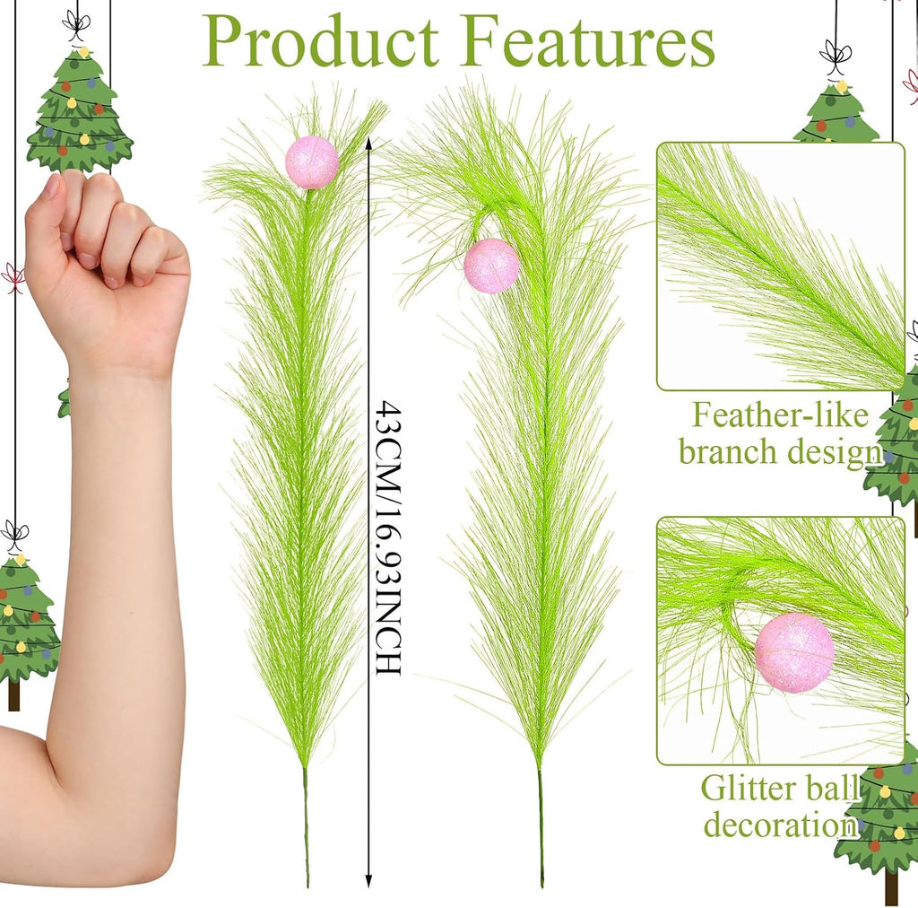 8 Pcs Christmas Tree Topper 17'' Lime Green Curly Tree Picks with Pink Ball Xmas Curly Stems for Christmas Home Wreath Craft Decoration Supplies