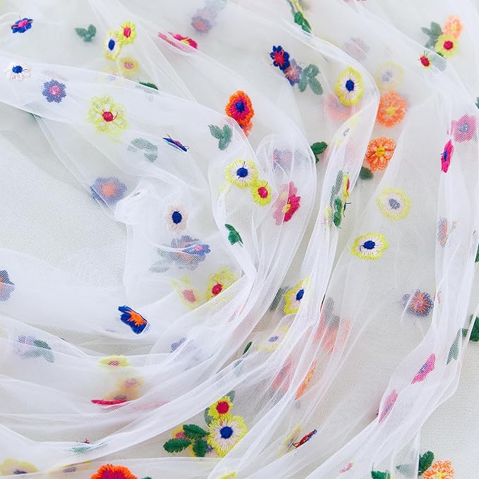 JIALE 3 Pack Ivory Floral Table Runner, Embroidery Daisy Seasonal Table Decorations, 120Inch 10FT Tulle Fabric for Home Decor, Bridal Shower Wedding, Baby Shower Parties, DIY Craft