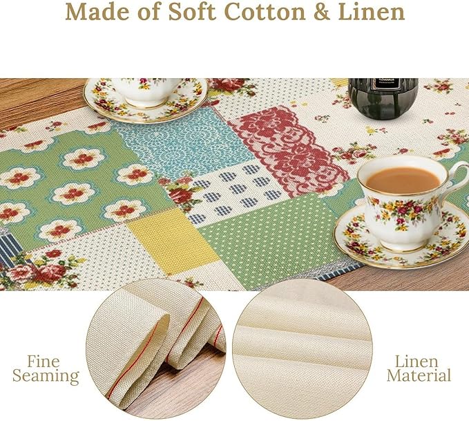 Patchwork Boho Table Runner,Vintage Colorful Floral Plaid Polka Dot Print Tablecloth Burlap for Hotel Indoors Outdoor Dining Room Kitchen Home Decor,W13X L60 in