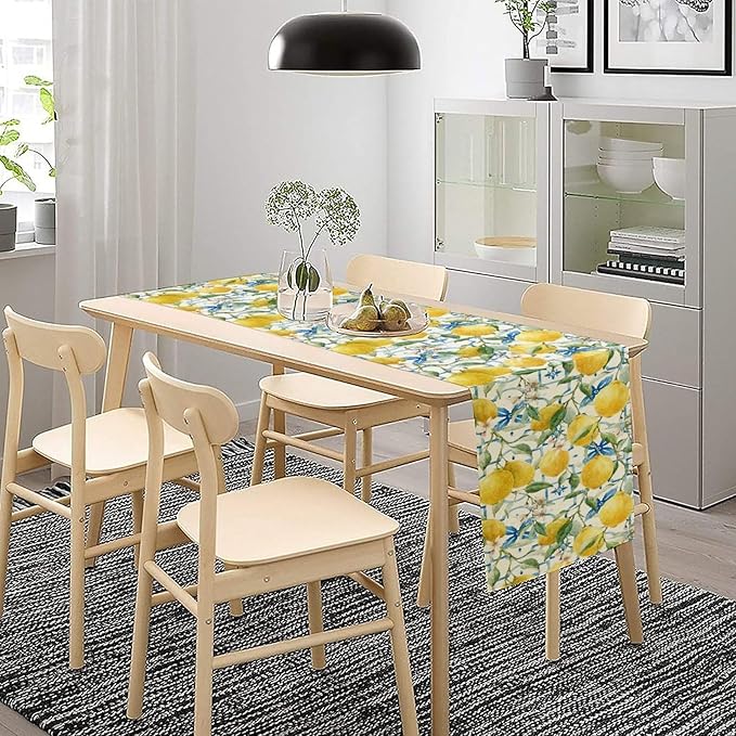 Lemon Table Runner,Watercolor Fruit Green Leaves Spring Summer Table Cloth Kitchen Dining Table Home Party Decoration 13x60 Inch