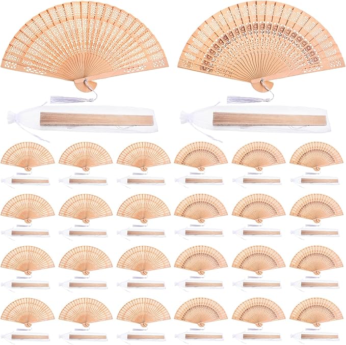 Qunclay 60Pcs Wooden Hand Fans Folding Wedding Fans for Guest Chinese Hollow Pattern with White Tassel and Gift Bag for Wedding Bridal Shower Birthday Party Favors Gift and Home Decor(Mixed Style)