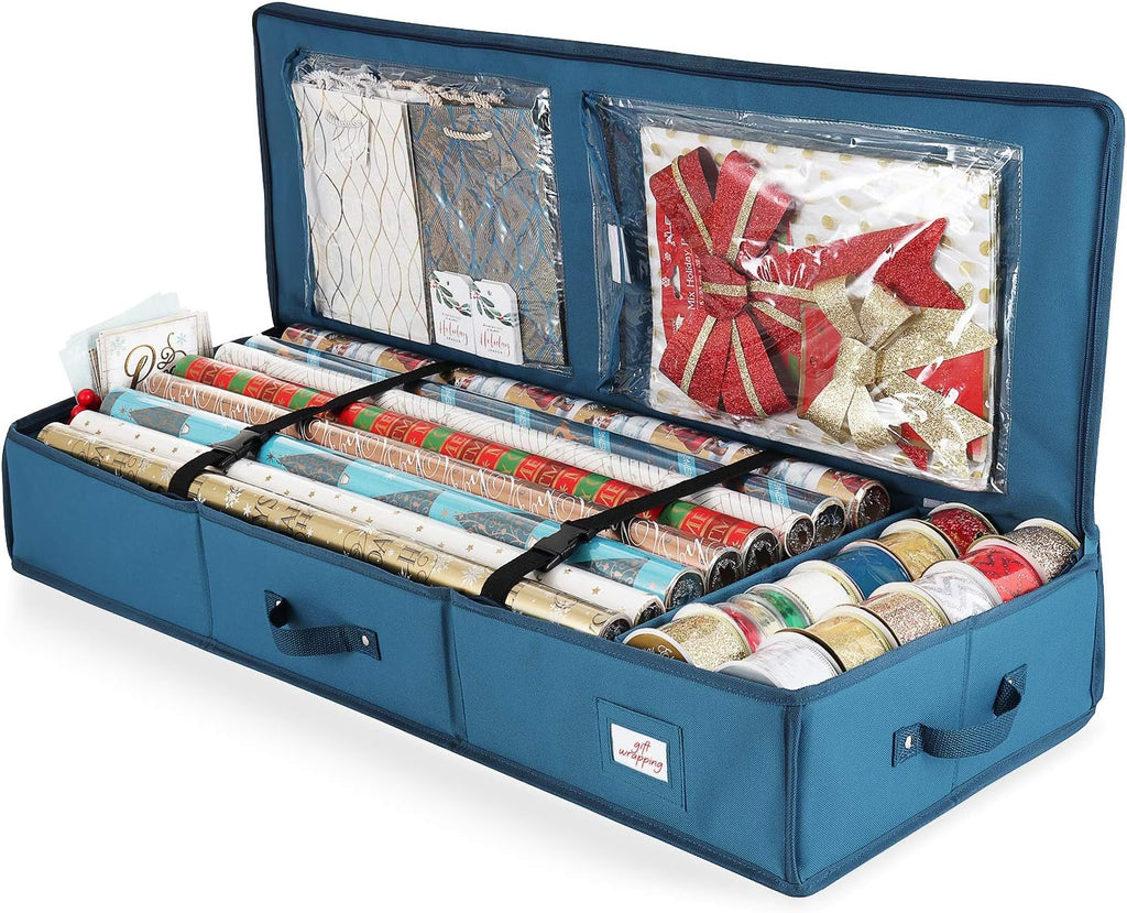 Hearth & Harbor Wrapping Paper Storage Container - Christmas Storage Bag with Interior Pockets - Gift Wrap Organizer Fits Up to 22 Rolls of 40" - Tear Proof, Blue