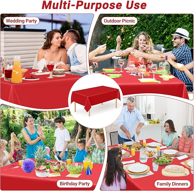 12 PCS Red Disposable Plastic Tablecloth, Party Red Plastic Table Cloth Disposable, Waterproof Smooth Table Cover, 54 X 108 IN Table Cloth Rectangle Table for Outdoor Events Birthdays Weddings Picnics