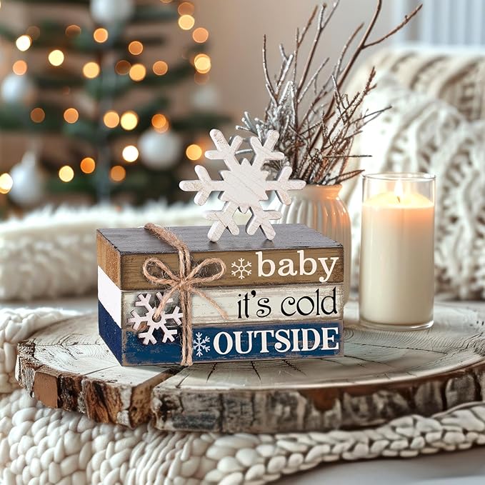 4 Pcs Winter Christmas Decor Winter Table Decorations Christmas Tiered Tray Decor Centerpiece Decorations Indoor Rustic Wooden Snowflake Block Sign Gift Farmhouse for Home Kitchen Shelf