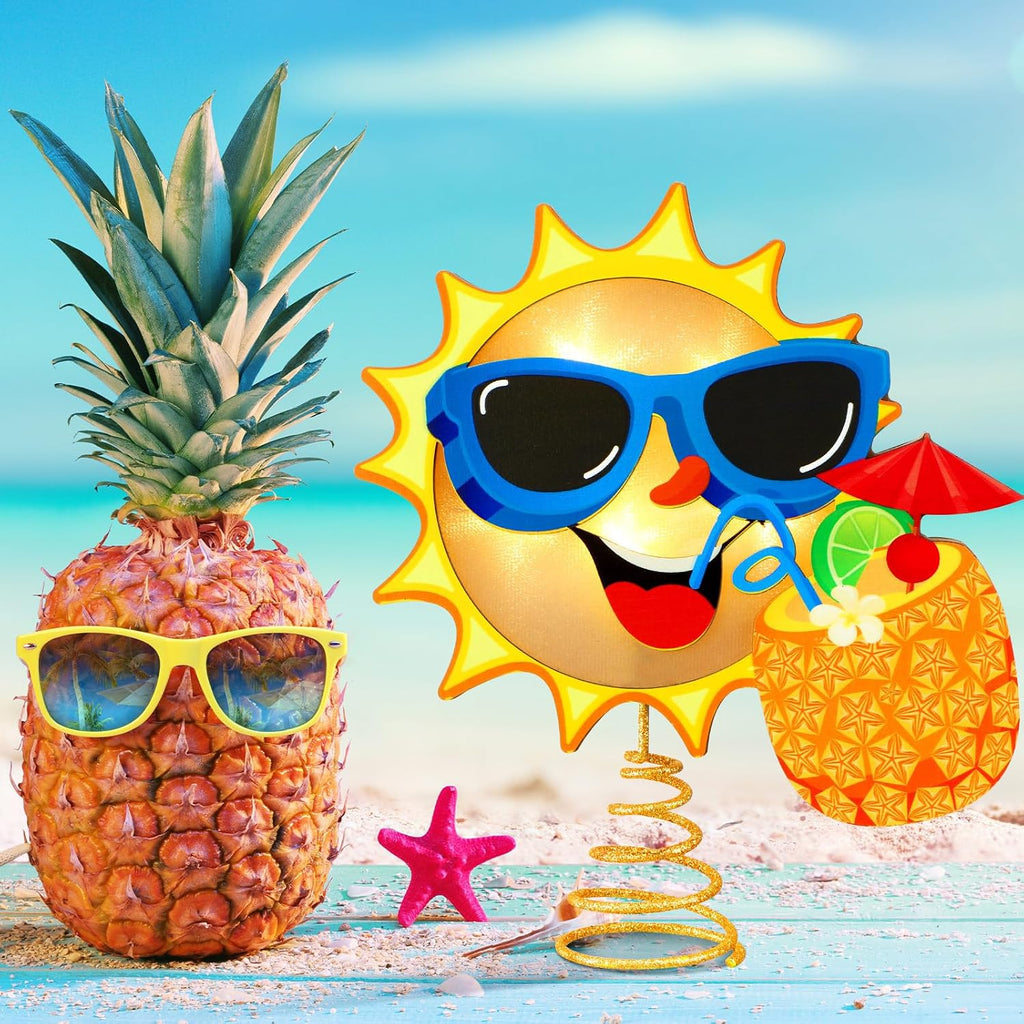 10 x 8 Inch Wood Summer Tree Topper with LED Light Christmas in July Summer Tree Top Ornaments for Luau Party Hawaiian Decorations Tabletop Display Supplies