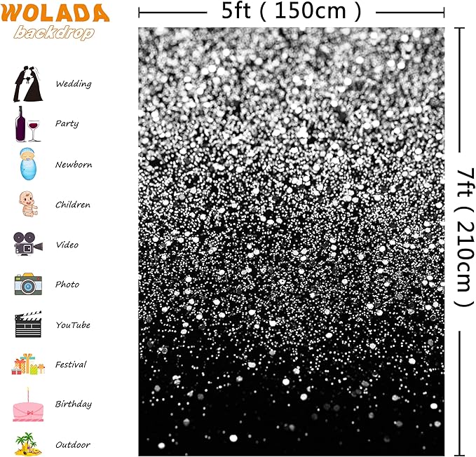 WOLADA Black and Silver Backdrop Silver Glitter Backdrop for Photography Wedding Birthday Baby Shower Party Photo Studio 5x7FT FW18