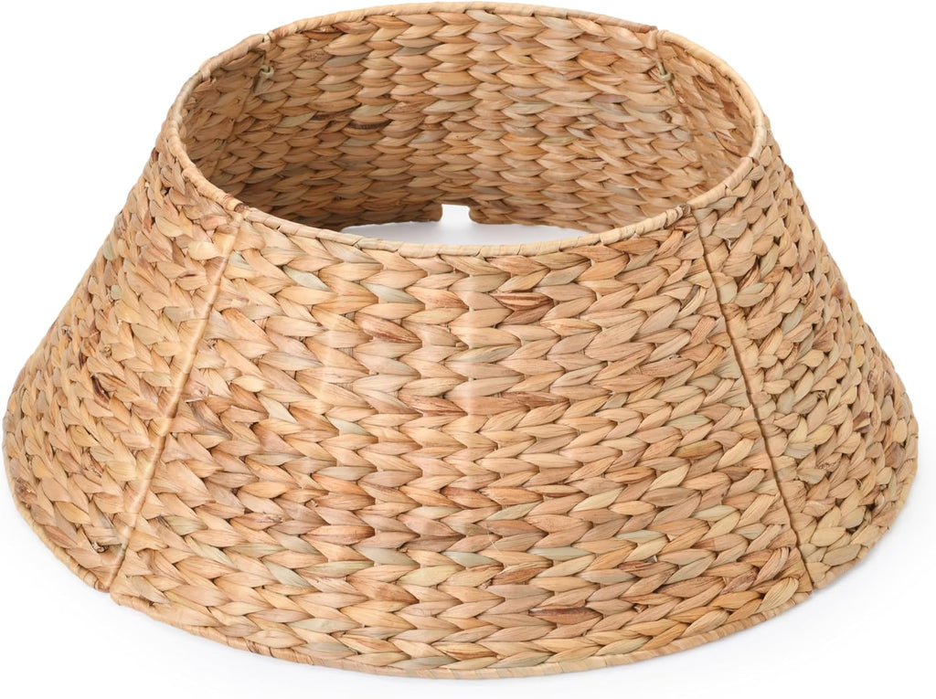 YANGQIHOME 24in Christmas Tree Collar, Rattan Tree Skirt, Woven Water Hyacinth Tree Base Cover for Home Decoration with Cord Cut-Out