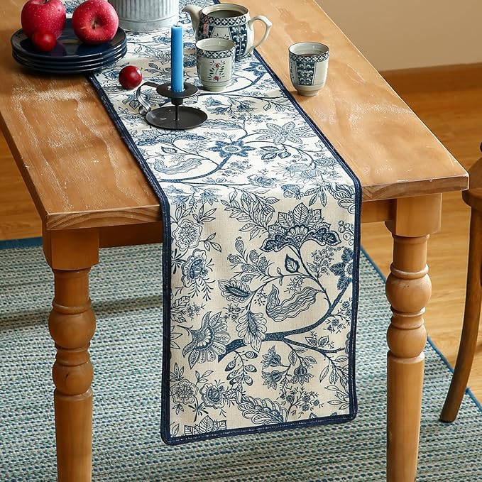 ISAENNE Designer Chinoiserie Elegant Linen Table Runner 102 Inches Long,Blue Floral Pattern Decor Table Runners for Thanksgiving,Dining Room,Banquet,Kitchen Tables,Christmas,12"*102"-Ruyi B