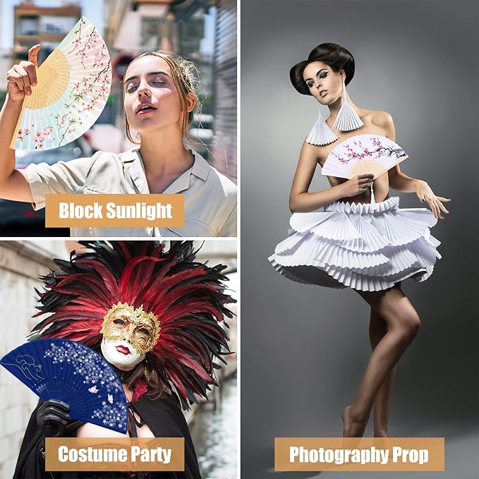 WEARXI Handheld Fan, 4 PCS Hand Fan, Chinese Folding Fan for Women Foldable, Silk Bamboo Hand Held Fan, Paper Hand Fan