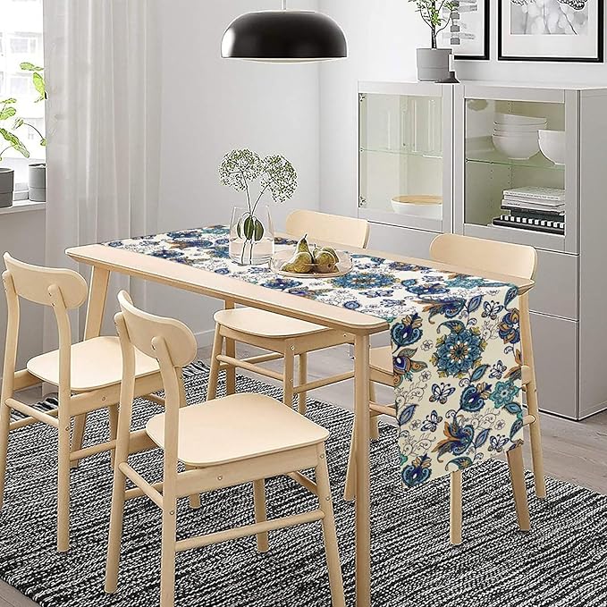 Oriental Paisley Table Runner, Luxury Vintage Blue Teal Floral Butterflies Print Table Runner for Home Dining Kitchen Coffee Table Party Decor, 13x60inch