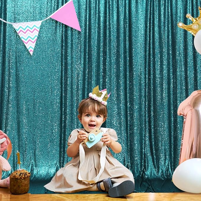 SquarePie Sequin Backdrop Less Transparent Background Sparkly Curtain for Wedding Party 6FT x 8FT Teal