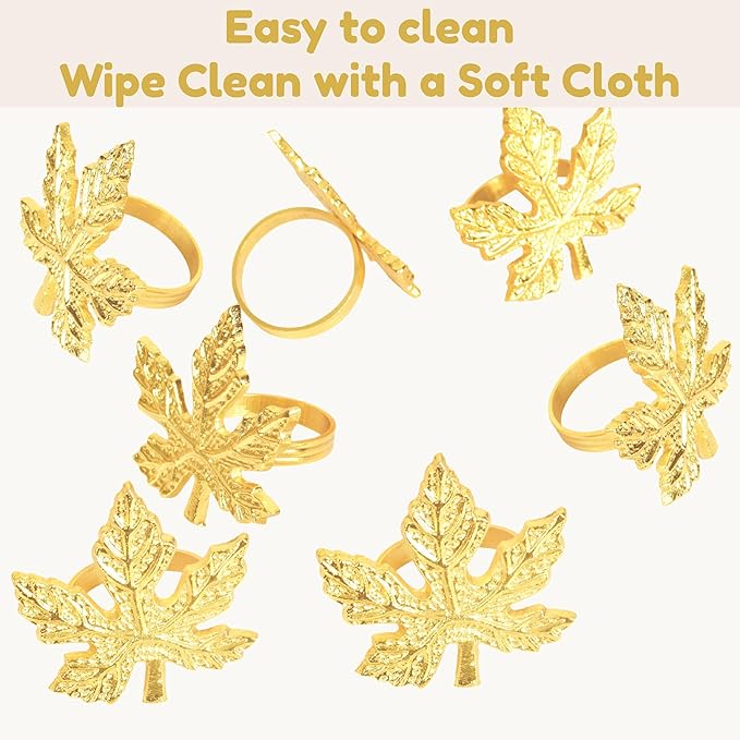 Elegant Handcrafted Leaf Napkin Rings - Set of 12 Premium Aluminum Holders for Dinner Parties, Weddings, Special Occasions & Everyday Dining (Gold) - CLEENTABLE