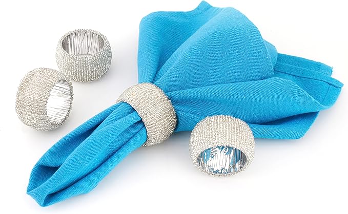 Decorative Beaded Napkin Rings Set of 12 - Rhinestone Serviette Holder for Table Décor, Christmas, Thanksgiving, Weddings, Parties, Artisan Festive Luxury Dining Napkin Holders (Silver) - CLEENTABLE