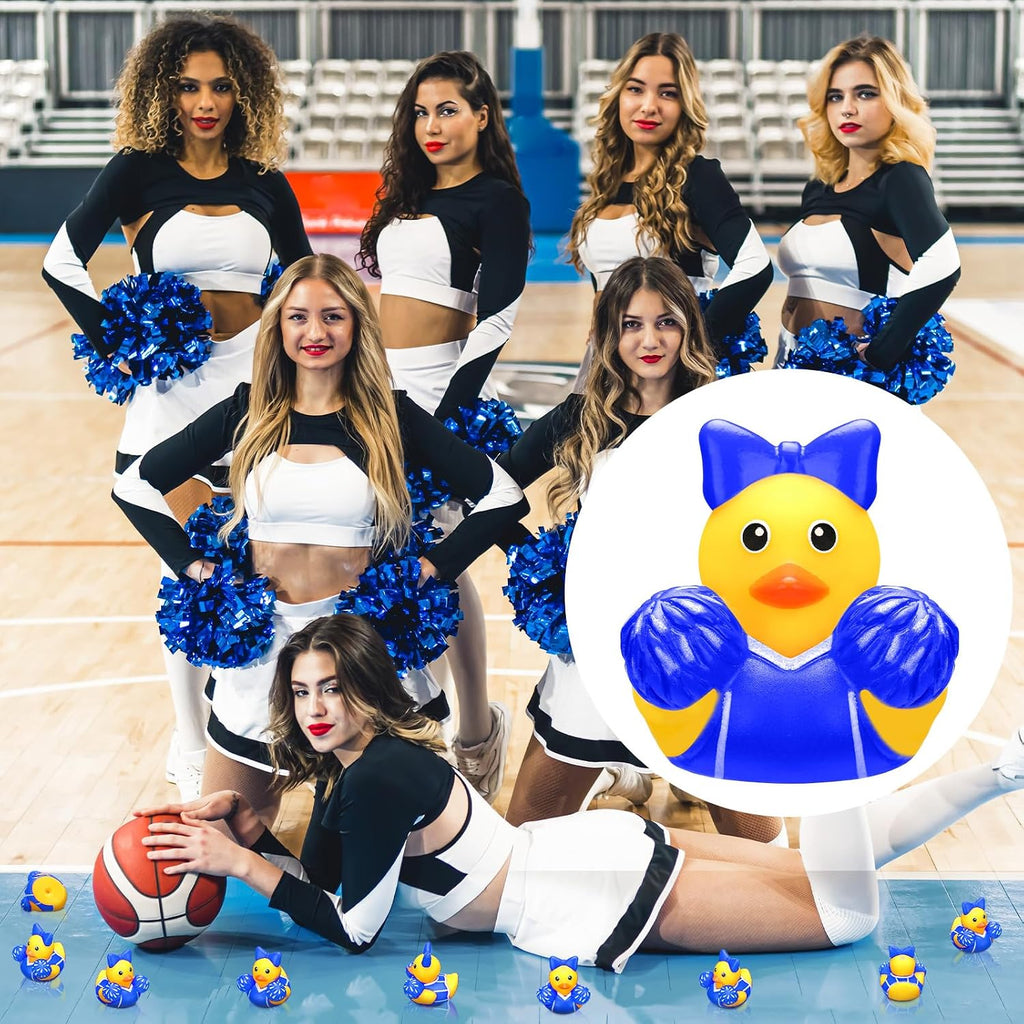 MiniInflat 12 Pcs Cheer Team Gifts Bulk Cheerleader Mini Rubber Ducks with Bows Cheer Party Favors Ducks Cheerleading Competition Gifts Accessories Goodie Bags Stuffers Party Decorations (Blue)