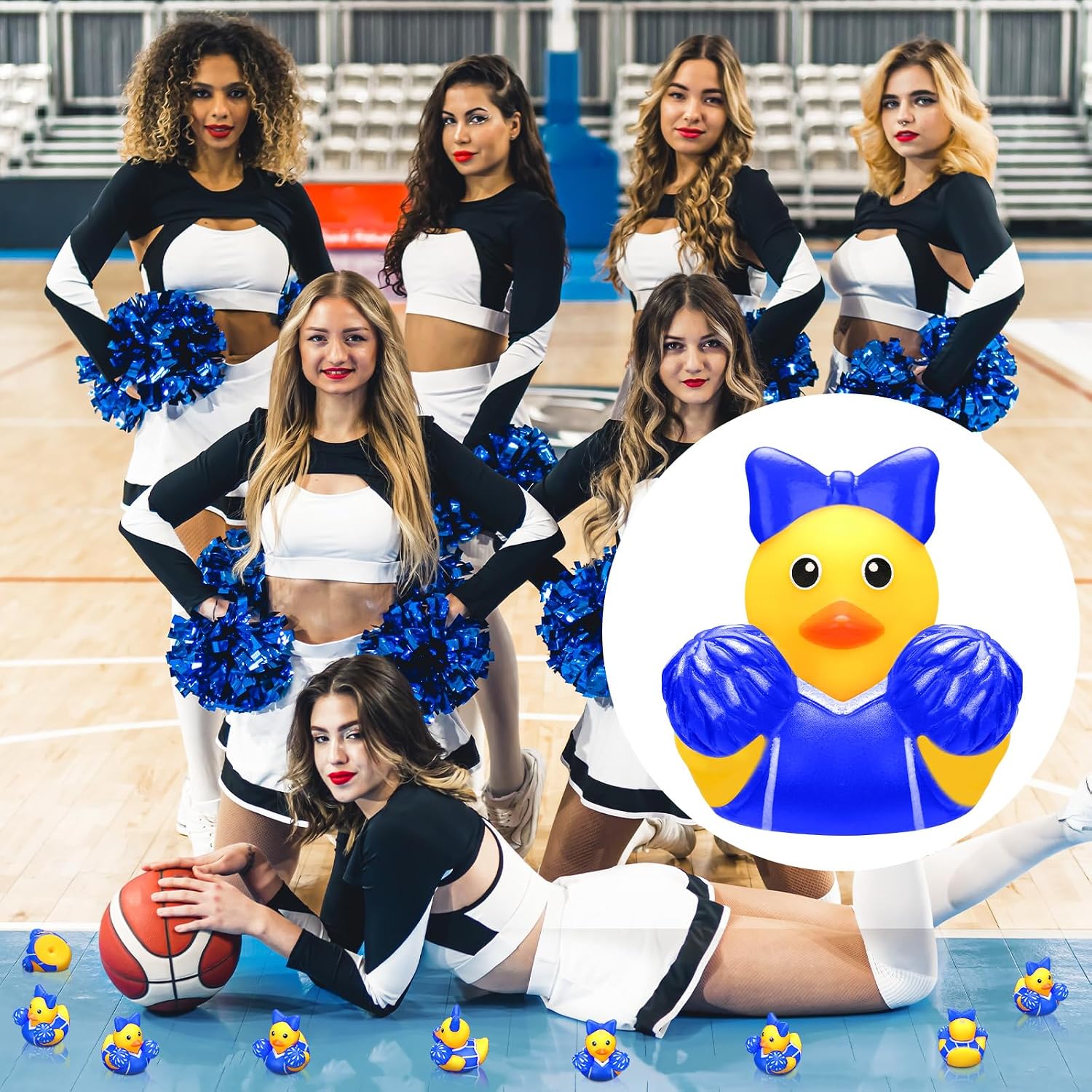 MiniInflat 12 Pcs Cheer Team Gifts Bulk Cheerleader Mini Rubber Ducks with Bows Cheer Party Favors Ducks Cheerleading Competition Gifts Accessories Goodie Bags Stuffers Party Decorations (Blue)