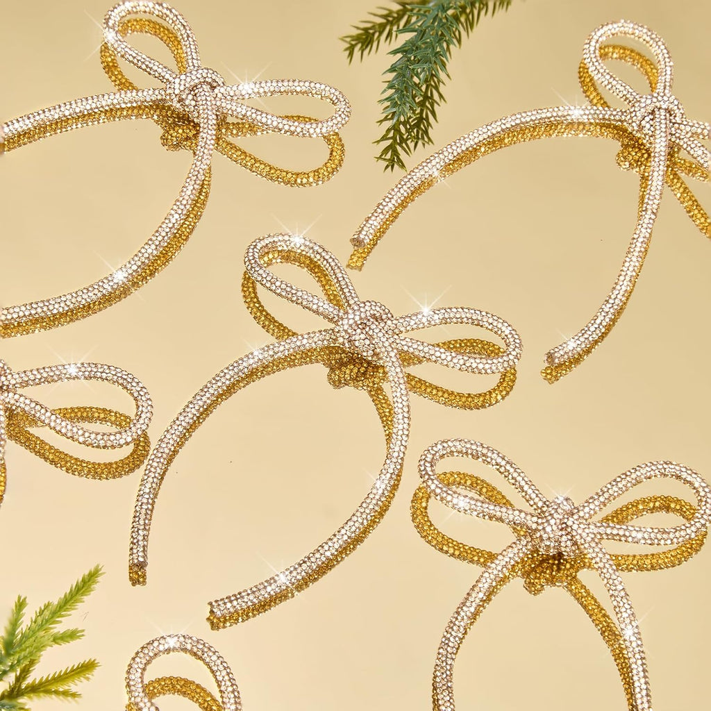 6 Pcs 2026 Christmas Bows Ornaments, Champagne Gold Sparkly Glitter Rhinestone Bow Ornaments with Twist Tie for Xmas Tree Decoration, Wreath, Garland, Gift Wrapping