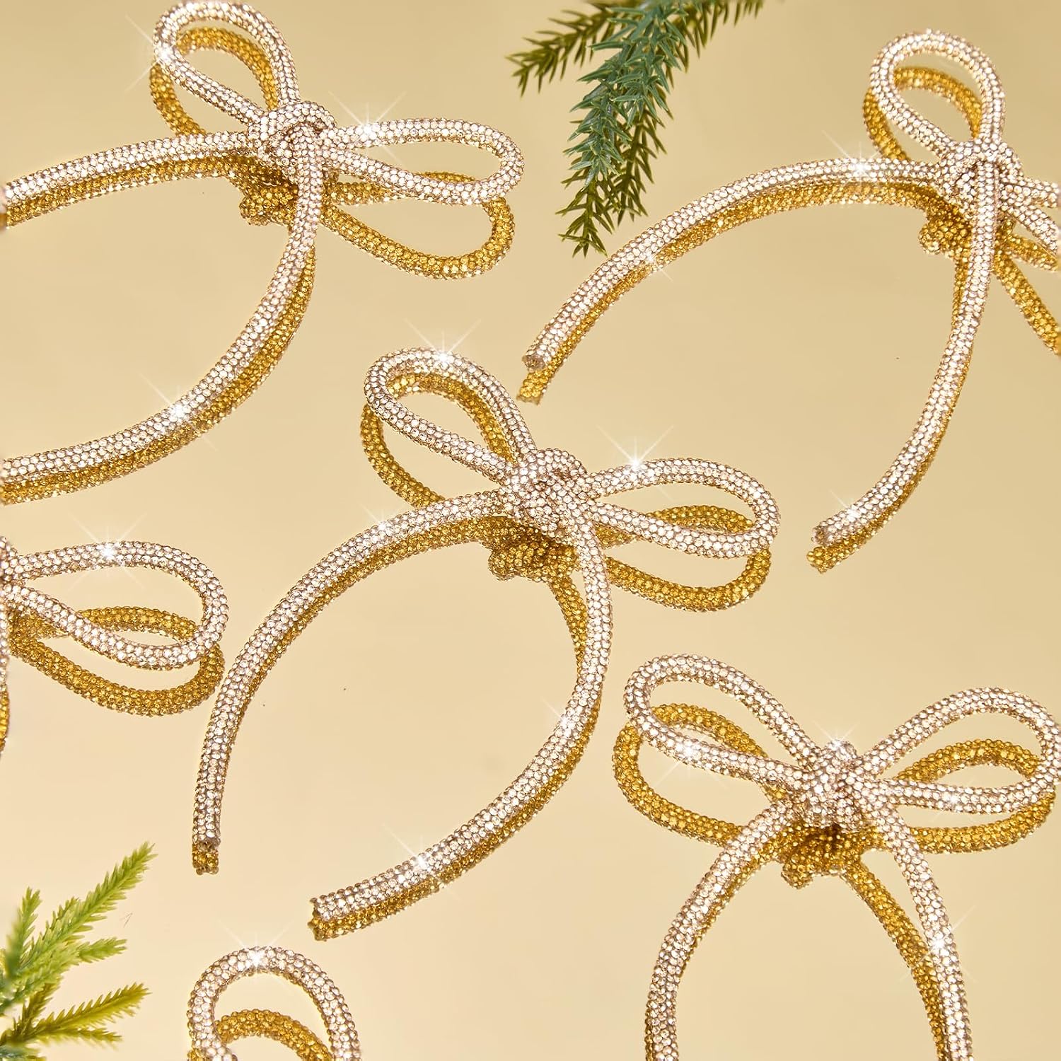 6 Pcs 2026 Christmas Bows Ornaments, Champagne Gold Sparkly Glitter Rhinestone Bow Ornaments with Twist Tie for Xmas Tree Decoration, Wreath, Garland, Gift Wrapping