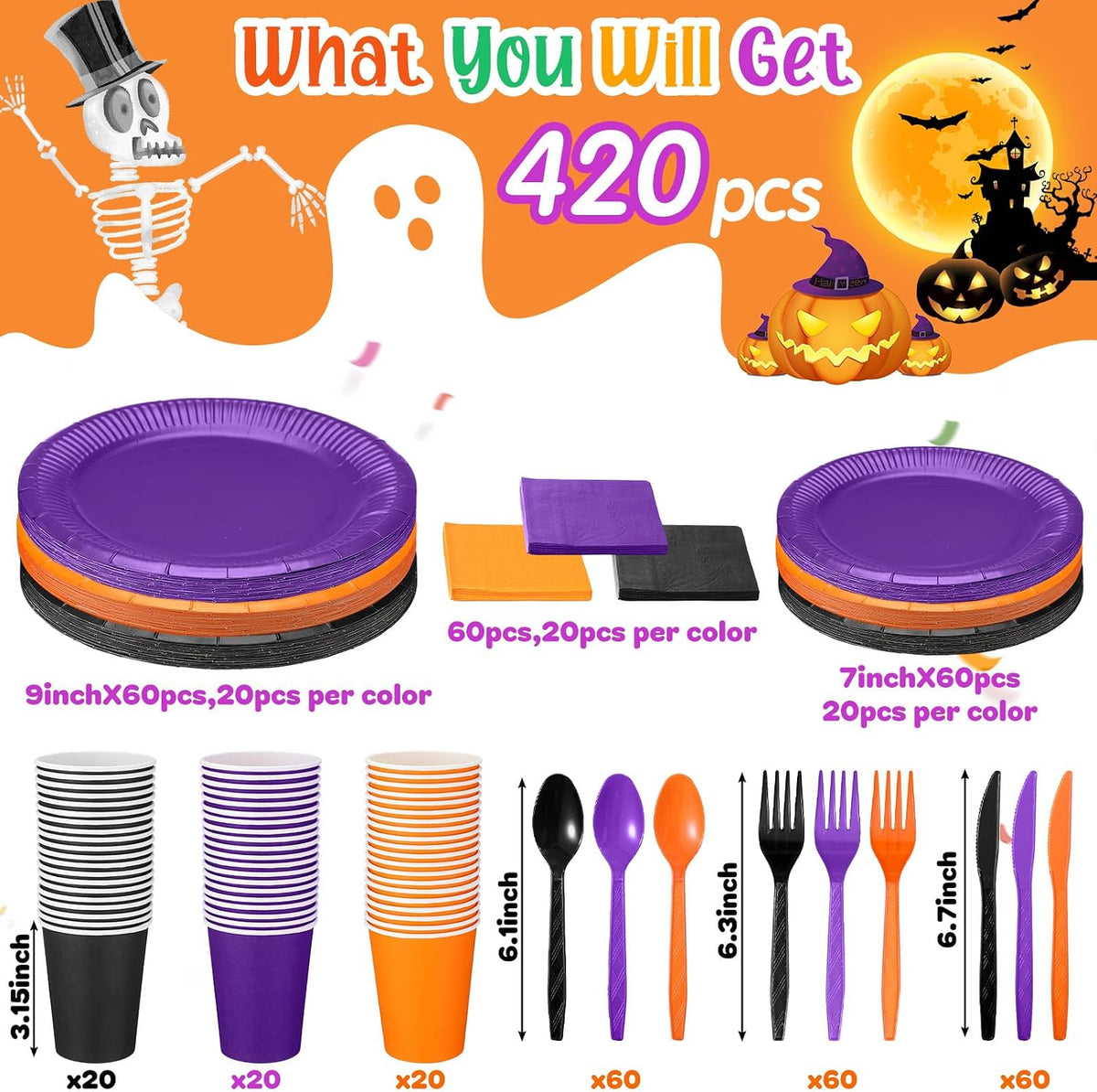 Ziliny 420 Pcs Black Orange Purple Paper Plates and Napkins Paper Cups Set