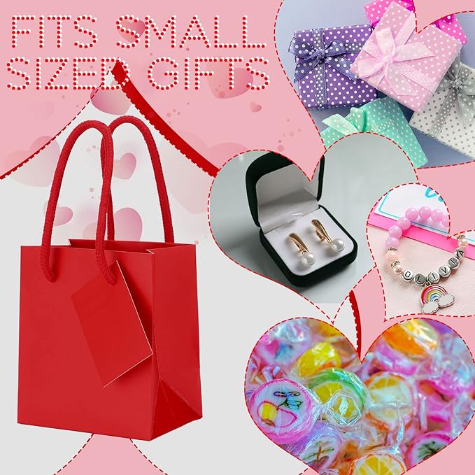 Sherr 100 Pack Mini Gift Bags Bulk, 4 x 2.75 x 4.5 Inches Paper Bags with Tags, Extra Small Paper Gift Boxes with Handles for Birthday, Party Favors, Weddings, Small Business(Red)