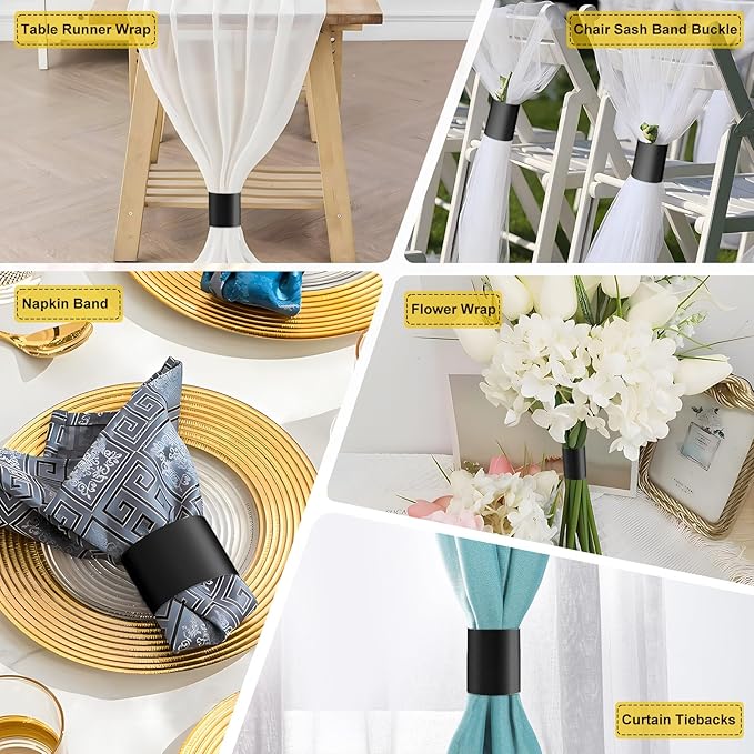 Polymer Material Reusable Napkin Band, Glue-Free Tear-Proof Water Resistant Oil-Proof Napkin Bands Set of 200(Front Black Color and Back White), 6 Adjustable Sizes Napkin Rings