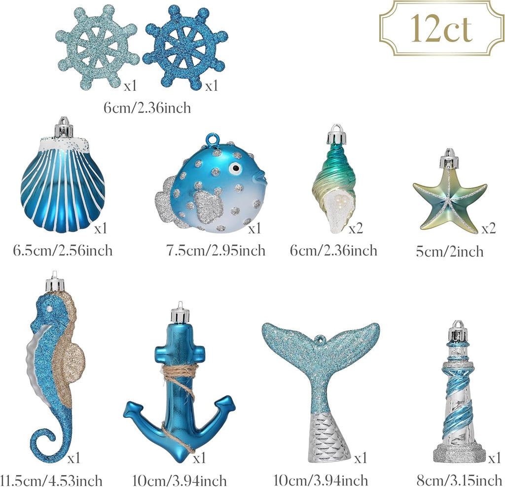 Valery Madelyn 12ct Summer Tree Ornaments Christmas in July Decorations | Teal Aqua Light Blue Silver Shatterproof Beach Coastal Ocean Themed Nautical Marine Seahorse Hanging Balls for Tropical Party