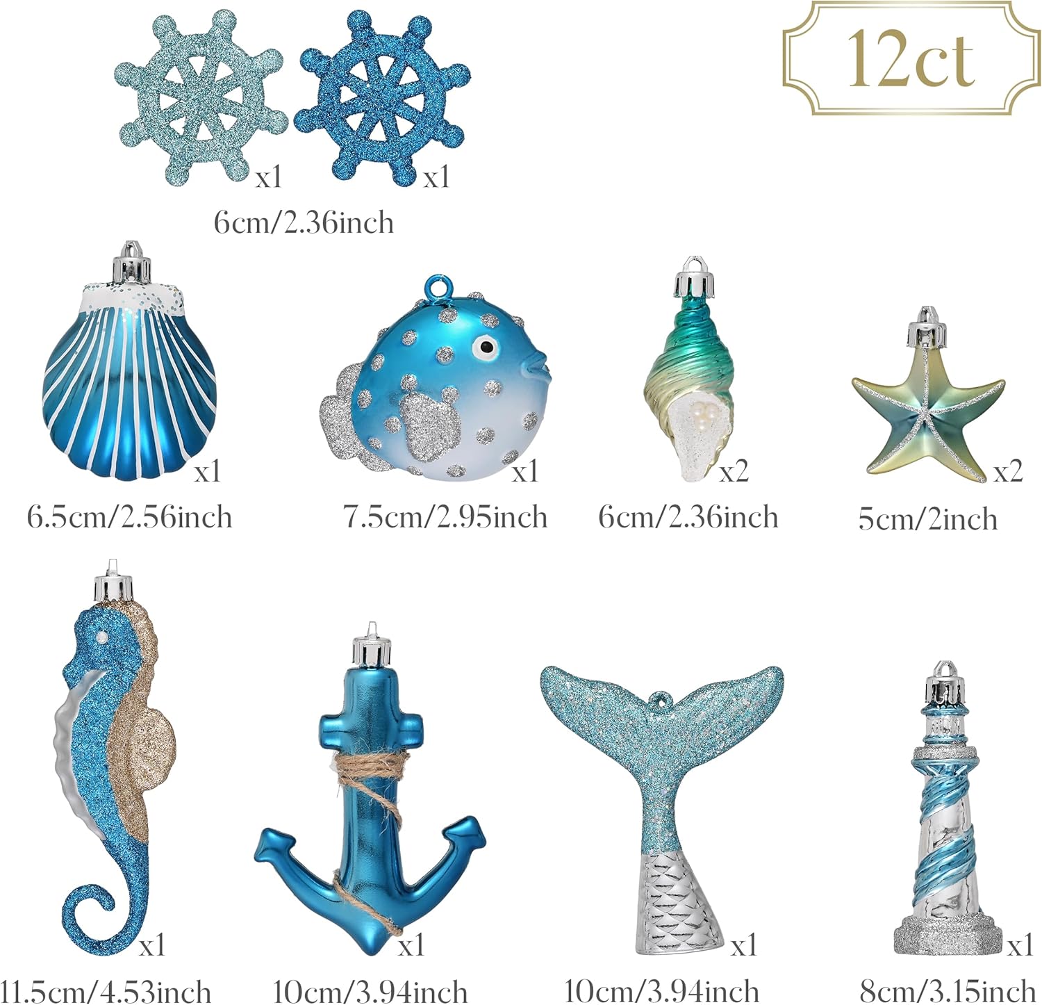 Valery Madelyn 12ct Summer Tree Ornaments Christmas in July Decorations | Teal Aqua Light Blue Silver Shatterproof Beach Coastal Ocean Themed Nautical Marine Seahorse Hanging Balls for Tropical Party