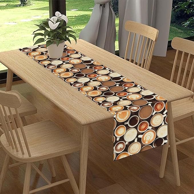 Coffee Theme Table Runner, Farmhouse Coffee Cup Latte Cappuccino Tea Party Rustic Cafe Table Center Decor for Home Kitchen Dining Patio Holiday Party Indoor Outdoor Table Decorations,13"x90" Inch