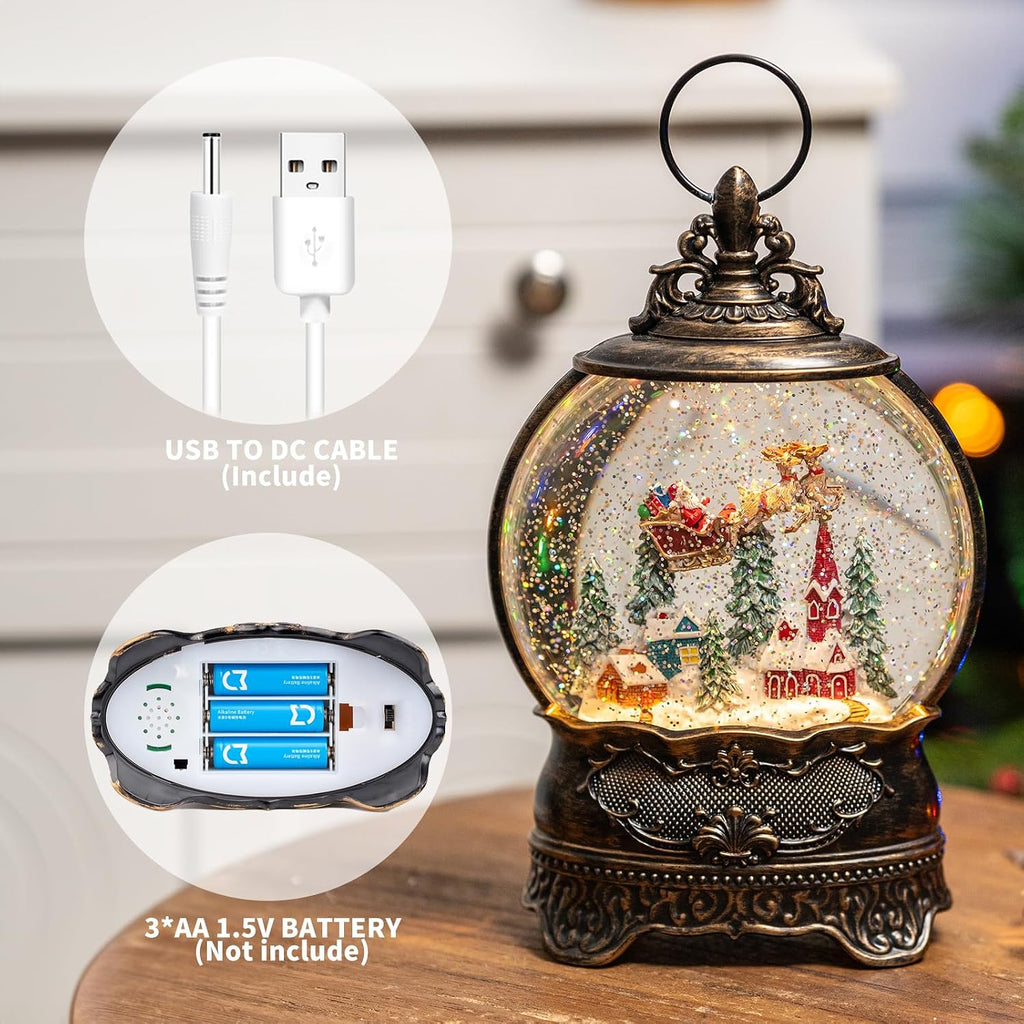 Christmas Snow Globe Lantern with Santa Claus Flying Reindeer, Lighted Swirling Glittering Snow Globes with Music & Timer, Christmas Decorations for Home Tabletop Indoor Gifts