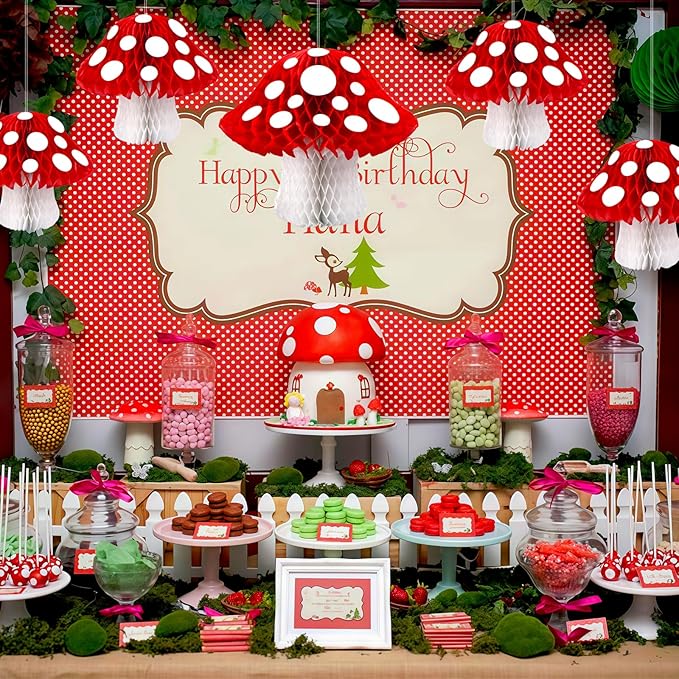 8PCS Mushroom Honeycomb Decor Mushroom Shaped Tissue Paper Pom Decorations for Jungle Wonderland Themed Birthday Party 3D Mushroom Honeycomb Centerpiece for Fairy Baby Shower Garden Decoration