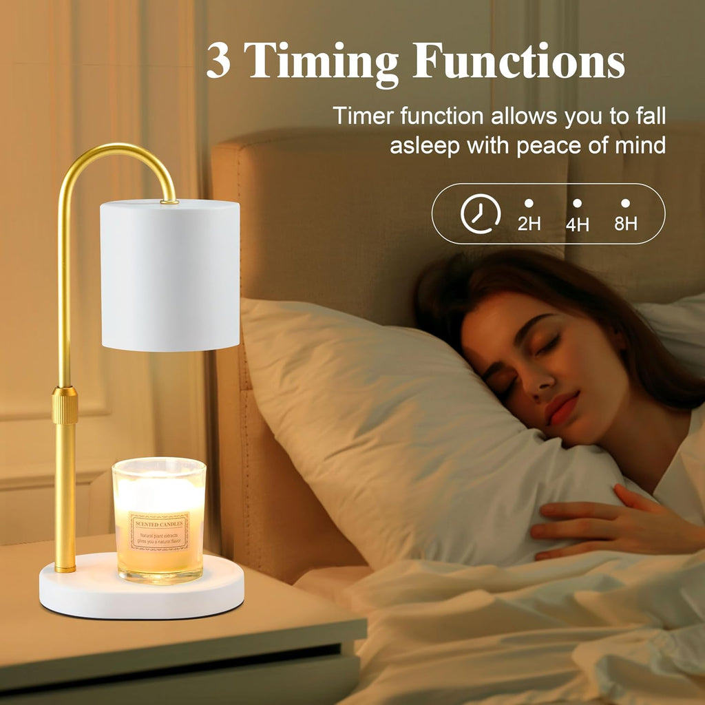 Dreamholder Electric Candle Warmer Lamp with Timer & Dimmer, Adjustable Height Wax Melt Warmer for Jar Candles, Wood Base Candle Melter, Floral Home Decor Gifts for Women, Mom, White Gold
