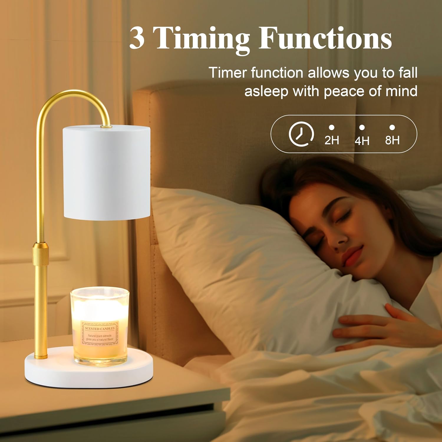 Dreamholder Electric Candle Warmer Lamp with Timer & Dimmer, Adjustable Height Wax Melt Warmer for Jar Candles, Wood Base Candle Melter, Floral Home Decor Gifts for Women, Mom, White Gold