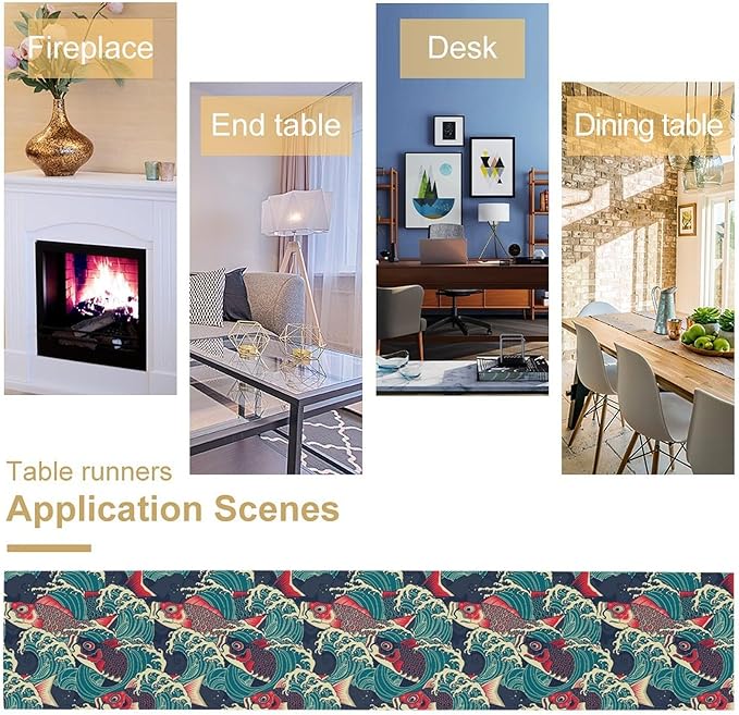 Kio Fish Table Runner Waves Japanese Tradition Art Printed Burlap Runner Home Kitchen Dining Table Living Room Decor Fabric 1 Panel W13xL70in