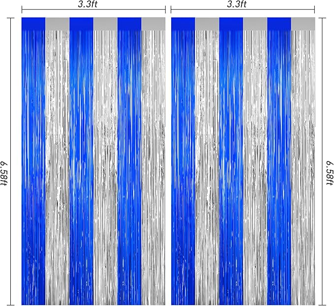 Silver and Blue Tinsel Backdrop Foil Fringe Curtains, 2Pack Birthday Door Decorations Photo Backdrop, Party Streamers Supplies for Bachelorette, Graduation, Christmas, Disco Decor New Year Decorations