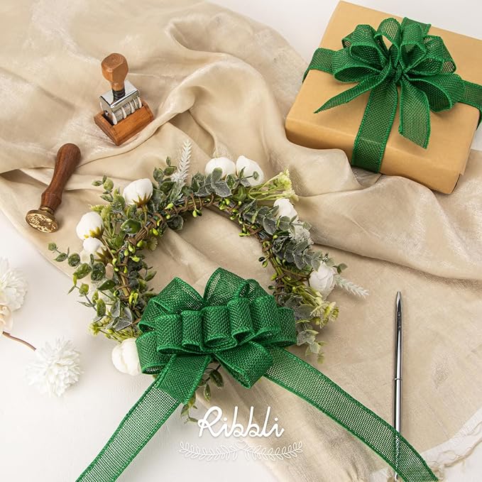 Ribbli Emerald Green Burlap Wired Ribbon, 1” Inch x Continuous 20 Yard, Green Wired Ribbon for Wreaths,Big Bows,Tree Decoration,Outdoor Decoration