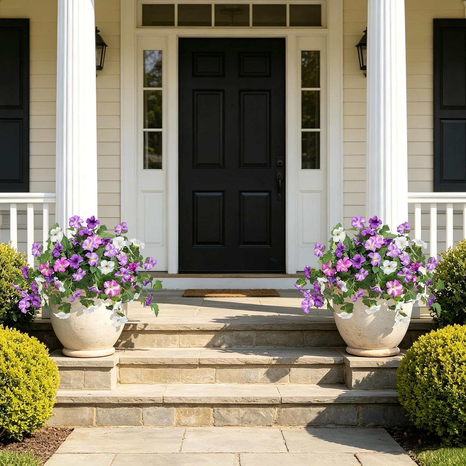 Artificial Fake Flowers Plants for Outdoor UV Resistant, 2PCS Silk Faux Petunias No Fade Summer for Outside Planter Front Door Porch Yard Patio Balcony Realistic Decoration Purple White