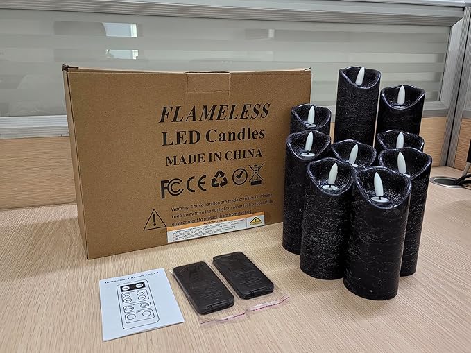 Hausware Set of 9 Flameless Candles Battery Operated LED Real Wax Flickering Electric Candles with Remote Control Timer for Wedding Birthday Halloween Christmas Decorations (Black Color)