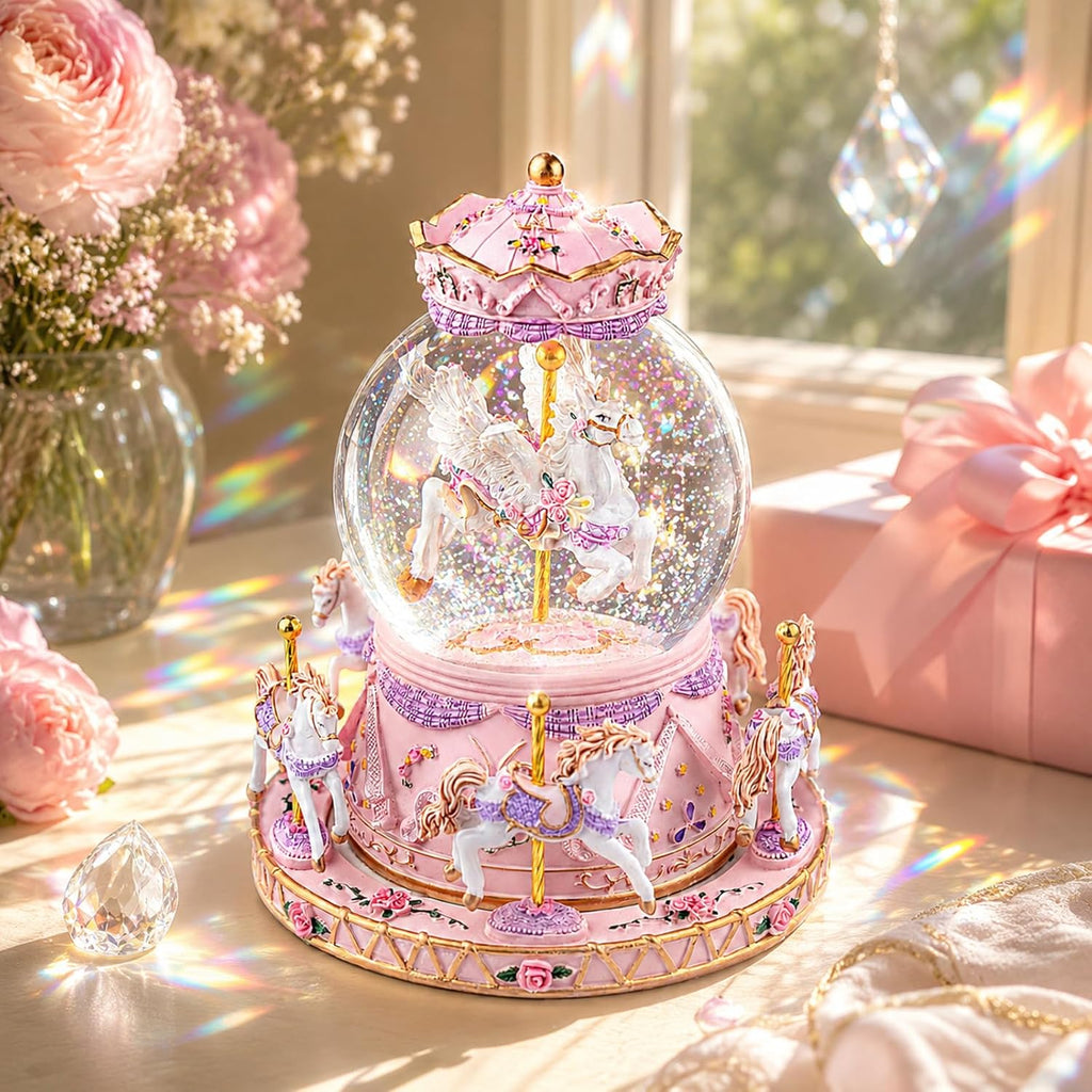 Unicorn Carousel Snow Globe Music Box, Plays You are My Sunshine, Rotating Horse Musical Snow Globe Gift for Daughter Girls Women, Birthday Christmas for Wife Sister Friend