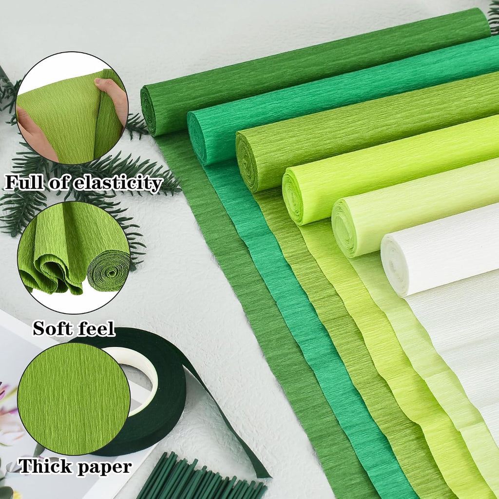 BEISHIDA 6 Rolls Crepe Paper Roll, 6 Green Series Crepe Paper Sheet for Flower Making, Flowers Kit with Tape and Wire for Wedding Birthday Holiday Party Decoration,DIY Craft(9.8in x 8ft/Roll)
