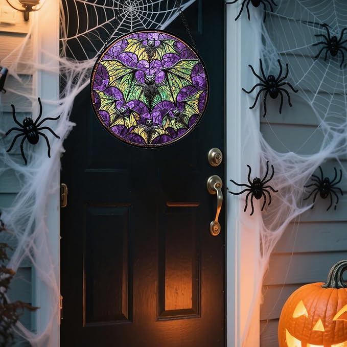 Stained Glass Window Hanging - Halloween Decorations Bats Suncatcher for Doors Garden Indoor Spooky Funny Purple Sun Catchers Gothic Decor Horror Gifts for Women Men Friend 15 in