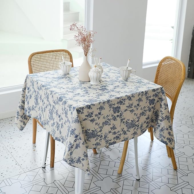 Pastoral Square Tablecloth - 60 x 60 Inch - Beige Linen Table Cloth - Washable Table Cover with Dust-Proof Wrinkle Resistant for Restaurant, Picnic, Indoor and Outdoor Dining, Floral (Dark Blue)