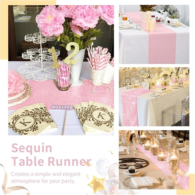 Pink Table Runner 10 Packs 12x72 Inches Sequin Glitter Table Runners for Party Bridal Baby Shower Event Party Wedding Table Decor