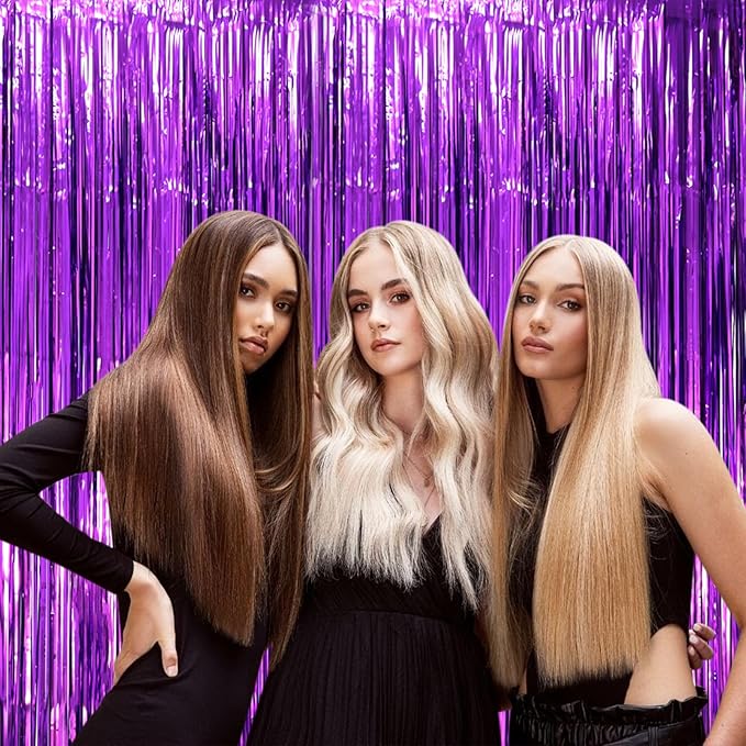2 Pack Purple Tinsel Foil Fringe Curtains, Purple Party Decorations, Metallic Tinsel Party Streamers Backdrop for Halloween Mermaid Bachelorette Graduation Party Decorations